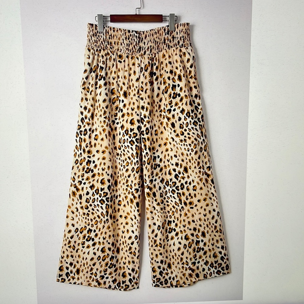 Leopard Print Smock Waist Wide Leg Flowy Pants w/ Pockets Tan Brown Black 2XL